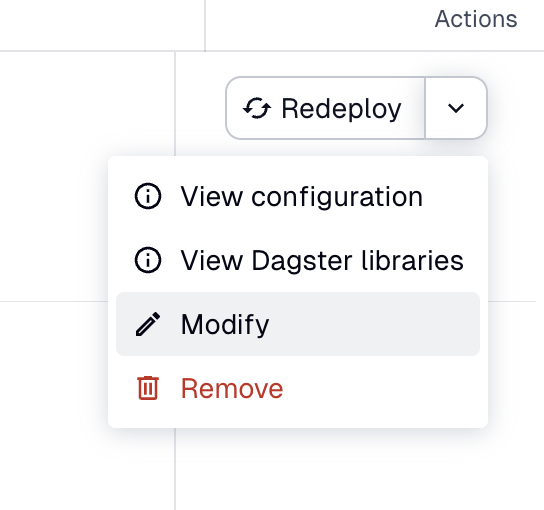 Screenshot of the Actions dropdown for a code location, with "Modify" highlighted